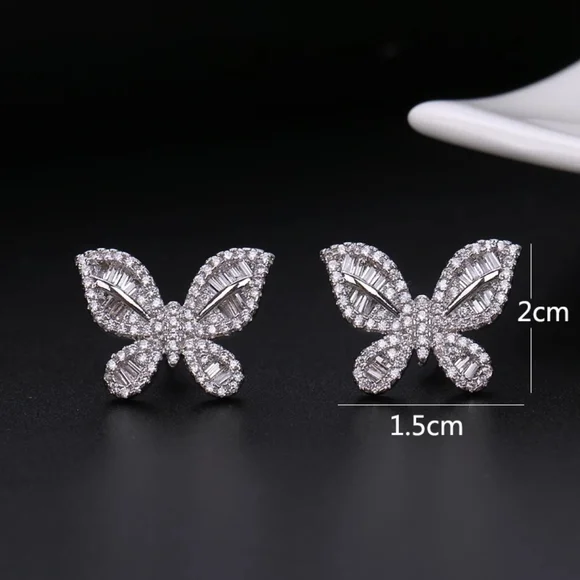 New Silver 925 Butterfly Diamond Earrings - Picture 2 of 3